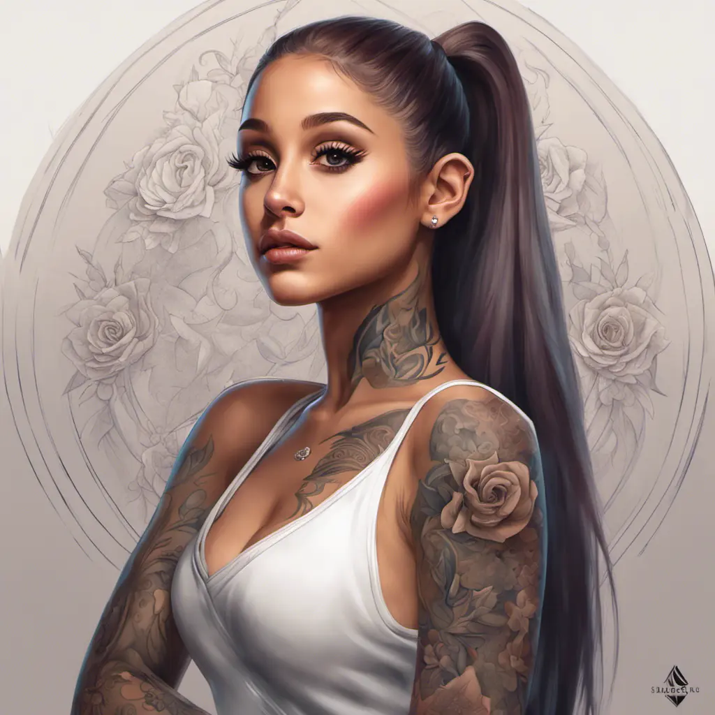 Matte portrait of Ariana Grande with tattoos, 8k, Highly Detailed, Powerful, Alluring, Artstation, Magical, Digital Painting, Photo Realistic, Sharp Focus, Volumetric Lighting, Concept Art by Stanley Artgerm Lau, Alphonse Mucha, Greg Rutkowski