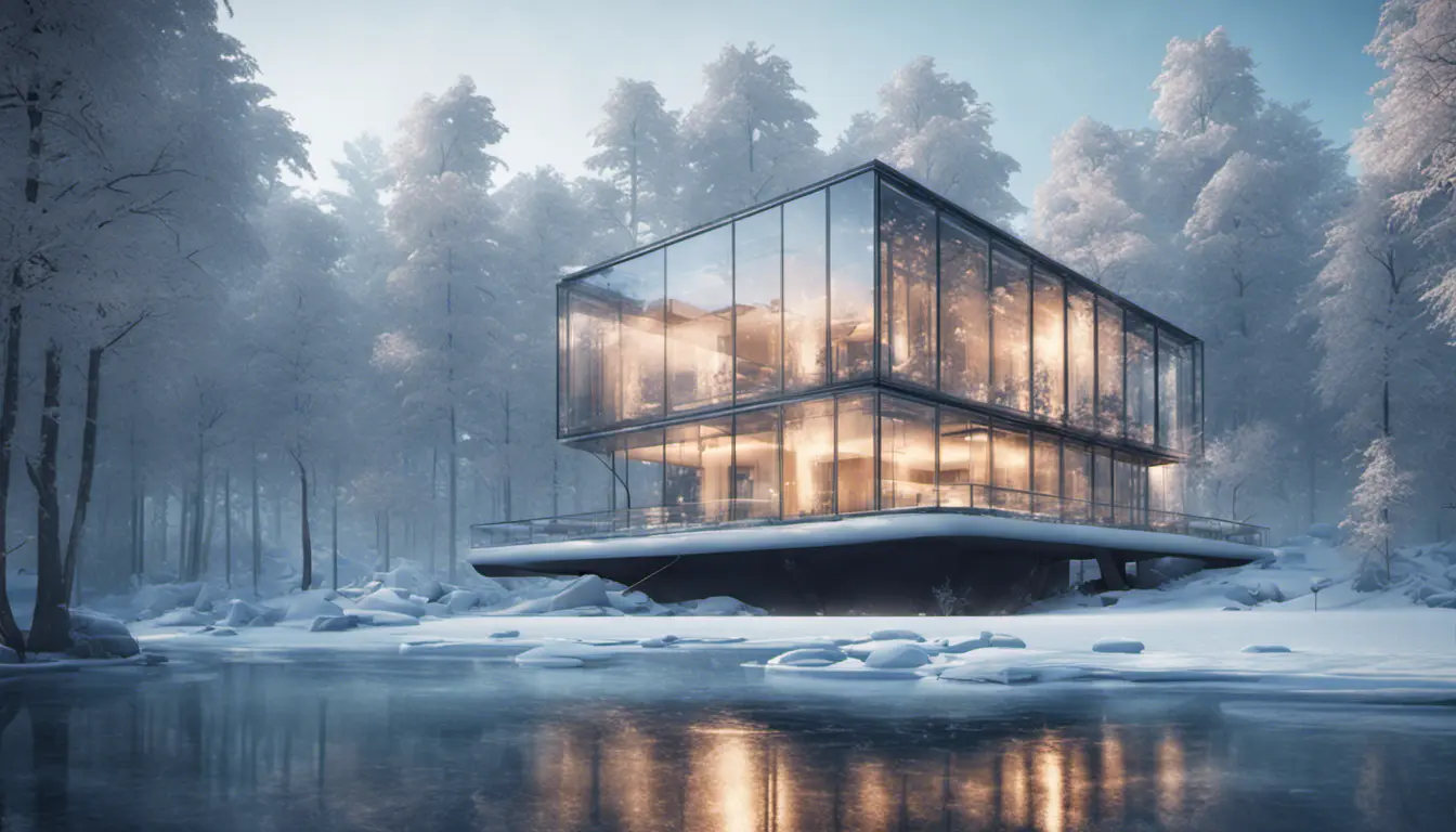 Beautiful futuristic architectural bright lit glass house in the forest on a large frozen lake, 8k, Award-Winning, Highly Detailed, Beautiful, Epic, Octane Render, Unreal Engine, Radiant, Volumetric Lighting by Greg Rutkowski