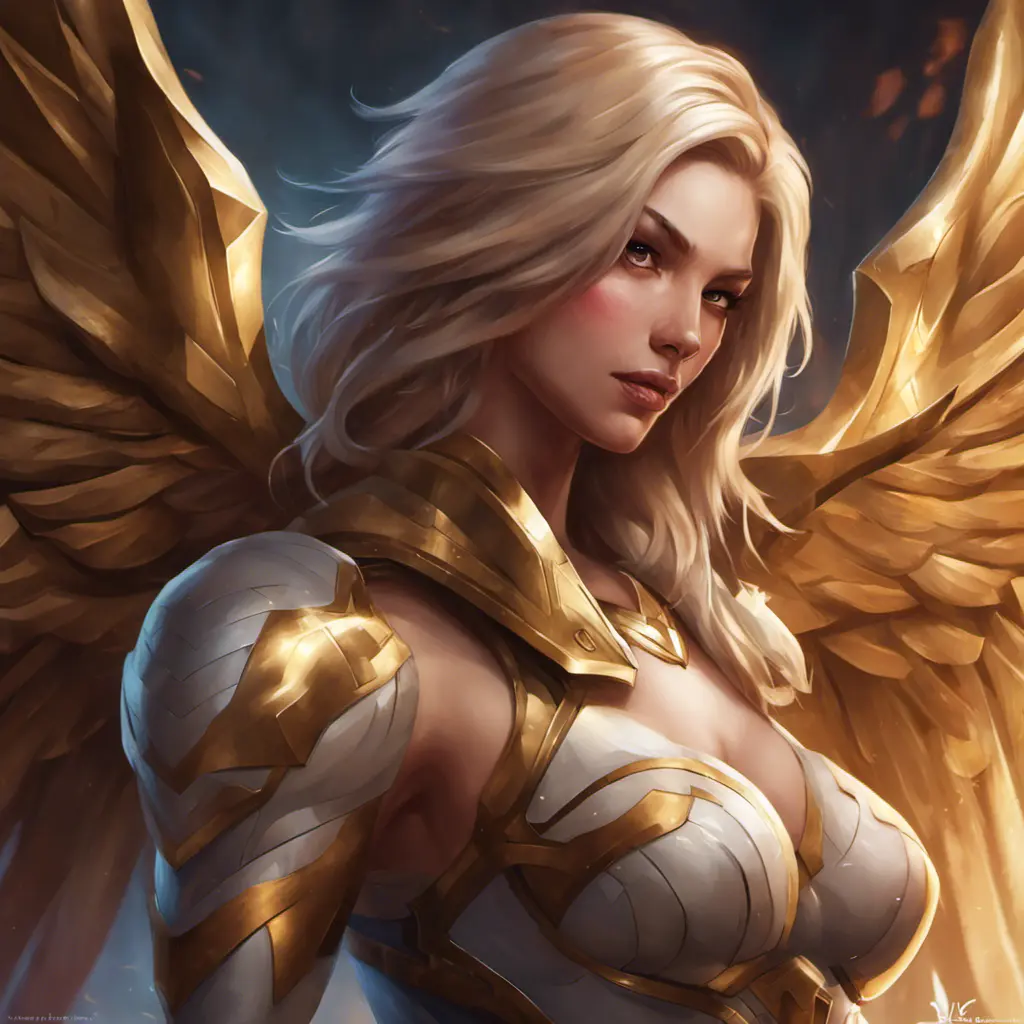 Matte portrait of Kayle from League of Legends with tattoos, 8k, Highly Detailed, Powerful, Alluring, Artstation, Magical, Digital Painting, Photo Realistic, Sharp Focus, Volumetric Lighting, Concept Art by Stanley Artgerm Lau, Greg Rutkowski