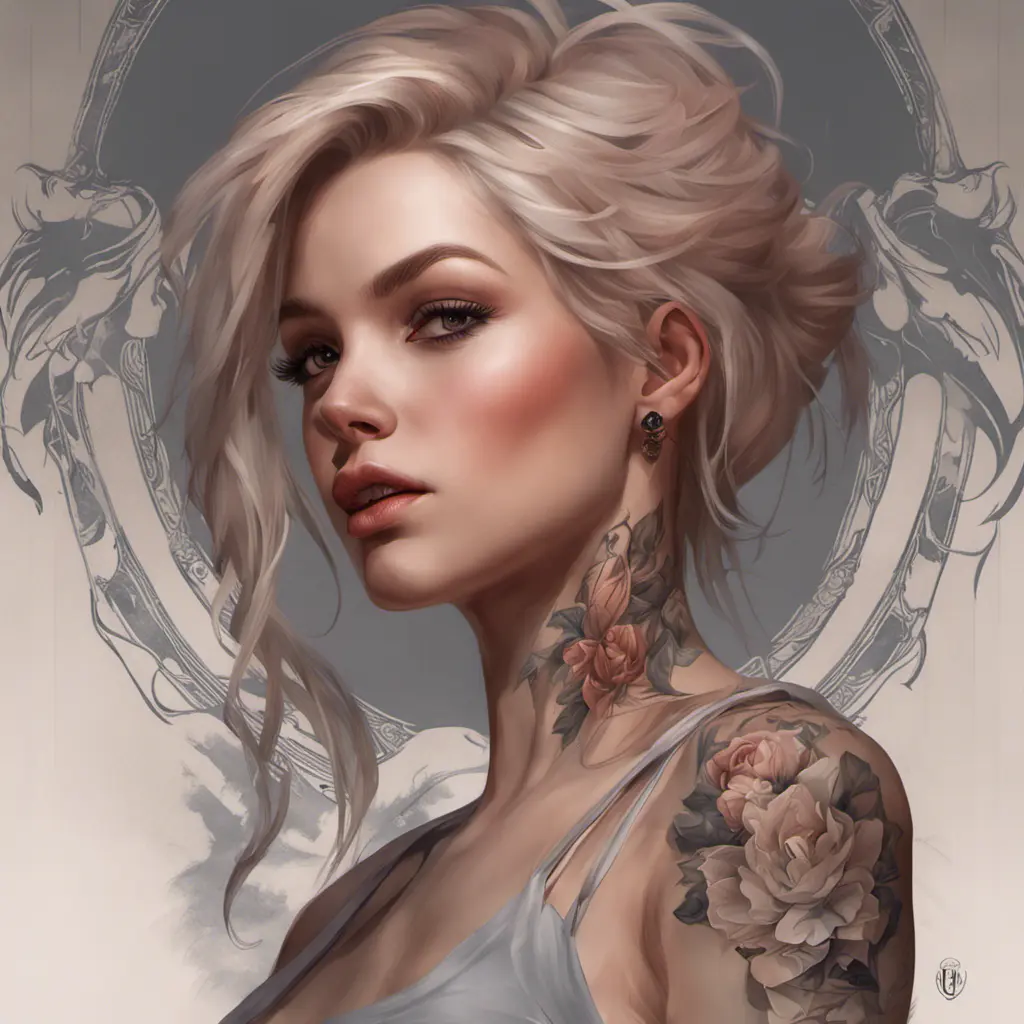 Matte portrait of Quinn with tattoos, 8k, Highly Detailed, Powerful, Alluring, Artstation, Magical, Digital Painting, Photo Realistic, Sharp Focus, Volumetric Lighting, Concept Art by Stanley Artgerm Lau, Alphonse Mucha, Greg Rutkowski