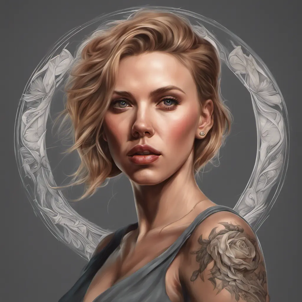 Matte portrait of Scarlett Johansson with tattoos, 8k, Highly Detailed, Powerful, Alluring, Artstation, Magical, Digital Painting, Photo Realistic, Sharp Focus, Volumetric Lighting, Concept Art by Stanley Artgerm Lau, Alphonse Mucha, Greg Rutkowski