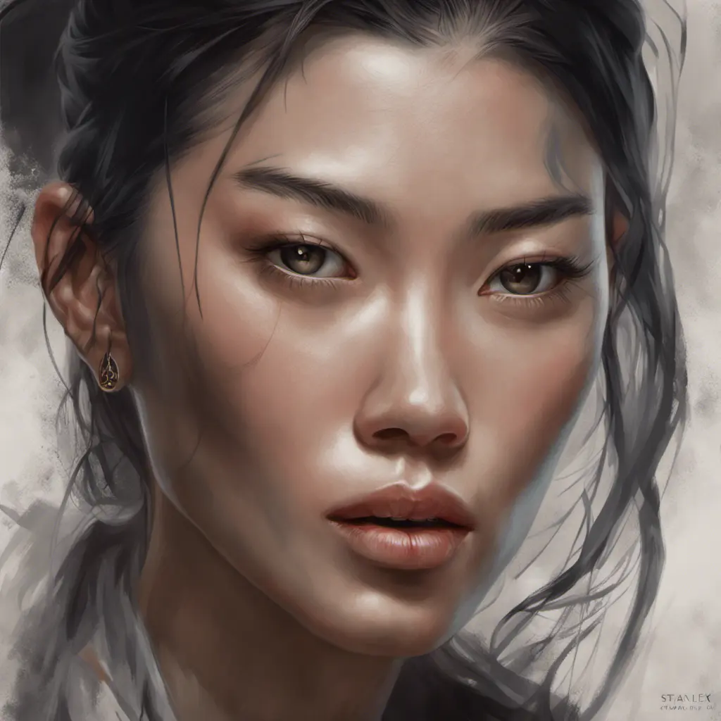 Matte portrait of Liu Wen with tattoos, 8k, Highly Detailed, Powerful, Alluring, Artstation, Magical, Digital Painting, Photo Realistic, Sharp Focus, Volumetric Lighting, Concept Art by Stanley Artgerm Lau, Alphonse Mucha, Greg Rutkowski