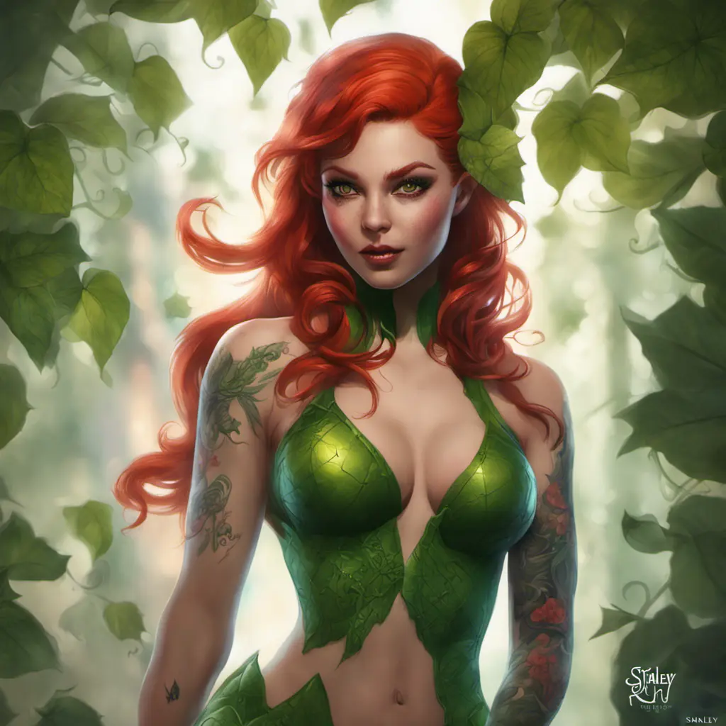 Matte portrait of Poison Ivy with tattoos, 8k, Highly Detailed, Alluring, Artstation, Bokeh effect, Sharp Focus, Volumetric Lighting, Concept Art by Stanley Artgerm Lau, Greg Rutkowski