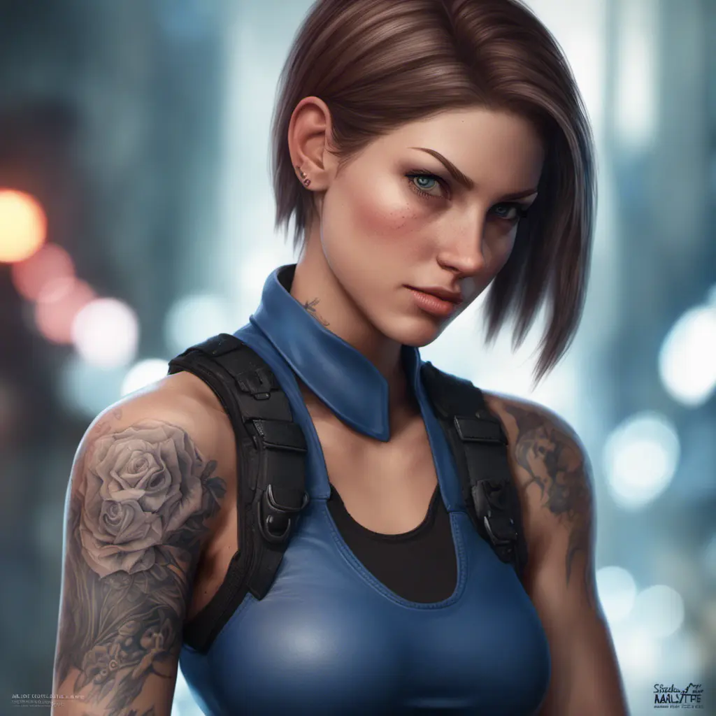 Matte portrait of Jill Valentine with tattoos, 8k, Highly Detailed, Alluring, Artstation, Bokeh effect, Sharp Focus, Volumetric Lighting, Concept Art by Stanley Artgerm Lau, Greg Rutkowski