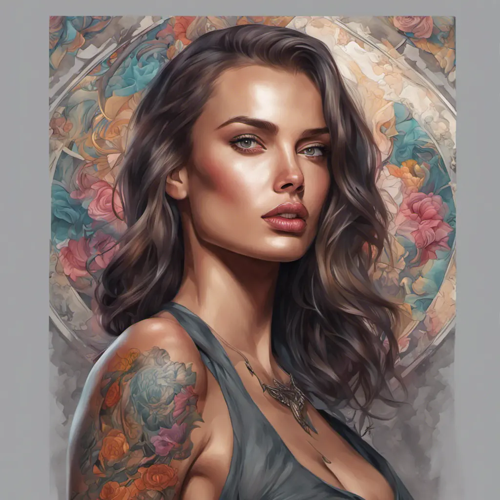 Colorful portrait of a tattooed Irina Shayk with a grey scale face, 4k, Highly Detailed, Hyper Detailed, Powerful, Artstation, Vintage Illustration, Digital Painting, Sharp Focus, Smooth, Concept Art by Stanley Artgerm Lau, Alphonse Mucha, Greg Rutkowski