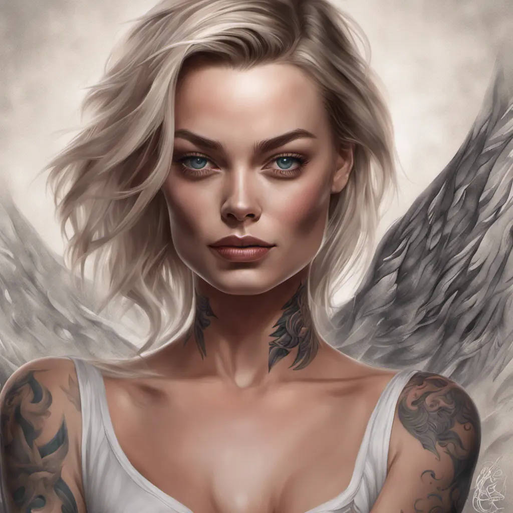 Matte portrait of Margot Robbie with tattoos, 8k, Highly Detailed, Powerful, Alluring, Artstation, Magical, Digital Painting, Photo Realistic, Sharp Focus, Volumetric Lighting, Concept Art by Stanley Artgerm Lau, Alphonse Mucha, Greg Rutkowski