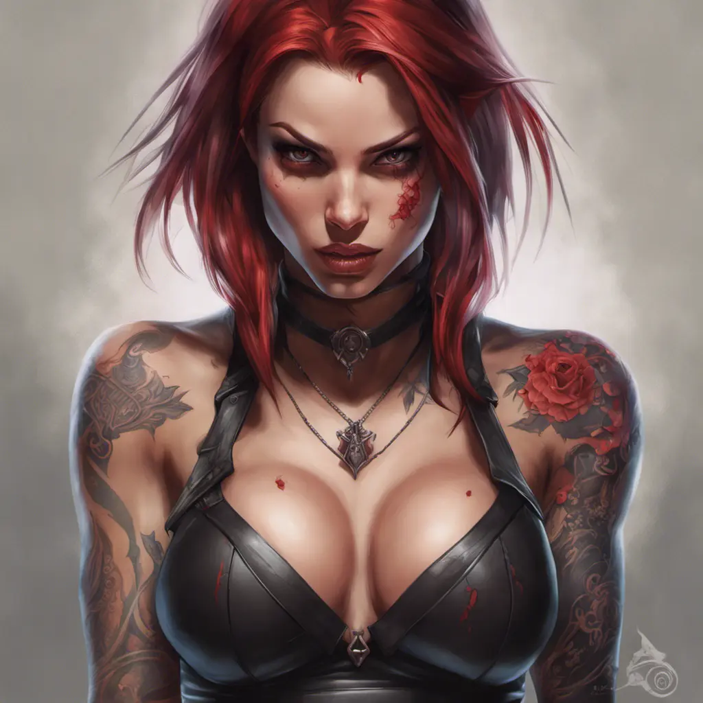 Matte portrait of BloodRayne  with tattoos, 8k, Highly Detailed, Powerful, Alluring, Artstation, Magical, Digital Painting, Photo Realistic, Sharp Focus, Volumetric Lighting, Concept Art by Stanley Artgerm Lau, Alphonse Mucha, Greg Rutkowski