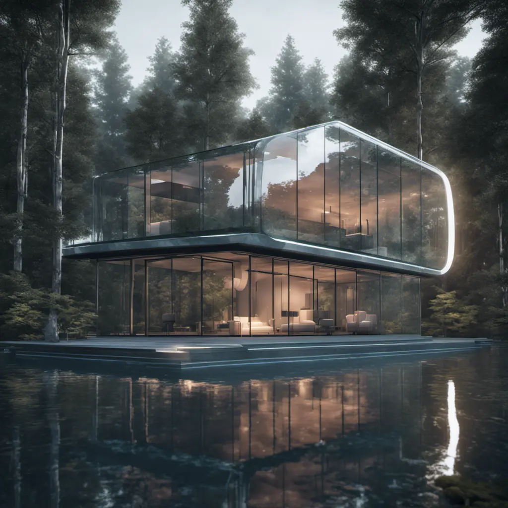 Beautiful futuristic architectural glass house in the forest on a large lake, 8k, Award-Winning, Highly Detailed, Beautiful, Epic, Octane Render, Unreal Engine, Radiant, Volumetric Lighting by Archillect