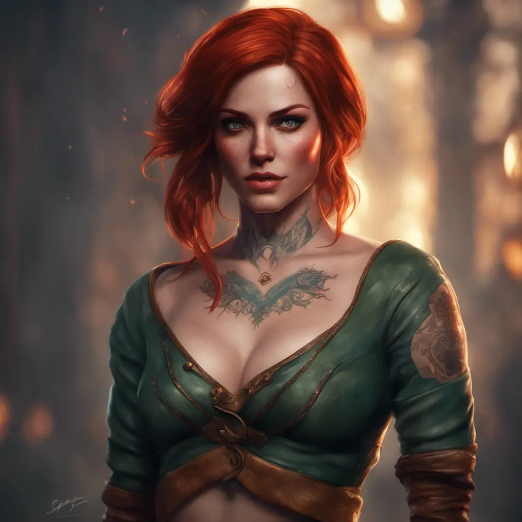 Matte portrait of Triss Merigold with tattoos, 8k, Highly Detailed, Alluring, Artstation, Bokeh effect, Sharp Focus, Volumetric Lighting, Concept Art by Stanley Artgerm Lau, Greg Rutkowski