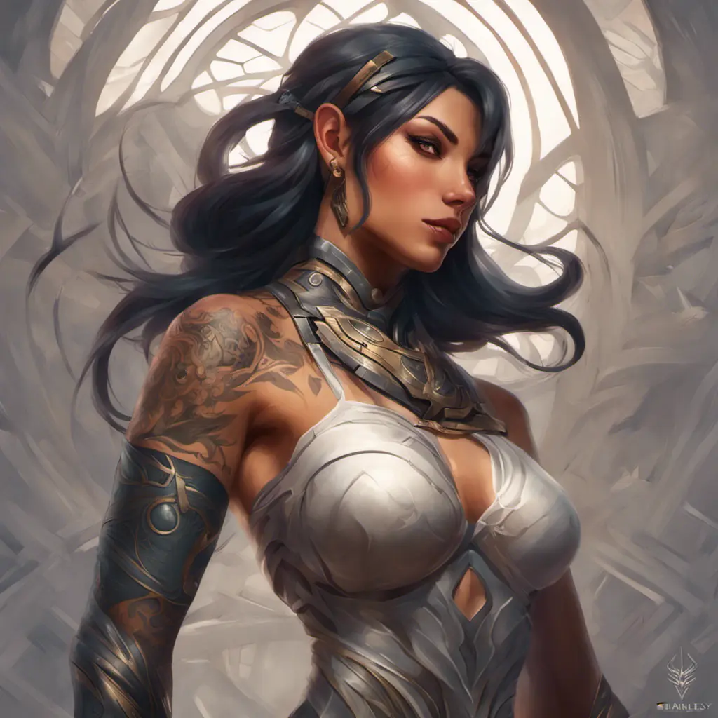 Matte portrait of Sivir with tattoos, 8k, Highly Detailed, Powerful, Alluring, Artstation, Magical, Digital Painting, Photo Realistic, Sharp Focus, Volumetric Lighting, Concept Art by Stanley Artgerm Lau, Alphonse Mucha, Greg Rutkowski