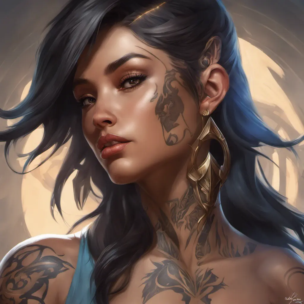 Matte portrait of Sivir with tattoos, 8k, Highly Detailed, Powerful, Alluring, Artstation, Magical, Digital Painting, Photo Realistic, Sharp Focus, Volumetric Lighting, Concept Art by Stanley Artgerm Lau, Alphonse Mucha, Greg Rutkowski