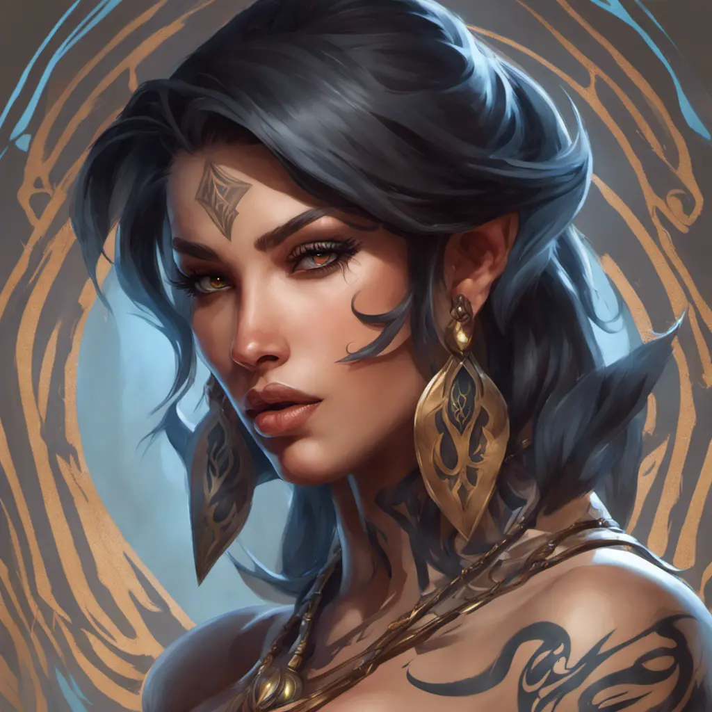 Matte portrait of Sivir with tattoos, 8k, Highly Detailed, Powerful, Alluring, Artstation, Magical, Digital Painting, Photo Realistic, Sharp Focus, Volumetric Lighting, Concept Art by Stanley Artgerm Lau, Alphonse Mucha, Greg Rutkowski