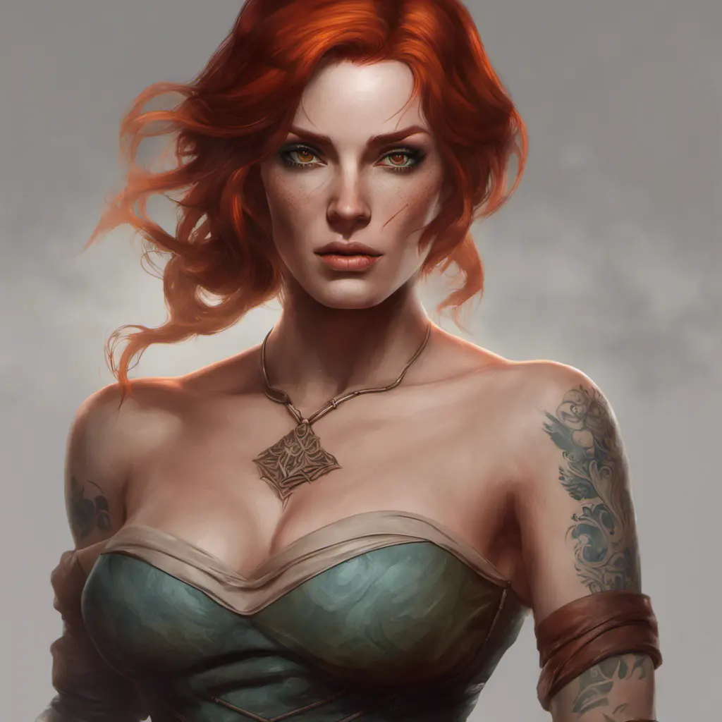 Matte portrait of Triss Merigold with tattoos, 8k, Highly Detailed, Alluring, Artstation, Bokeh effect, Sharp Focus, Volumetric Lighting, Concept Art by Stanley Artgerm Lau, Greg Rutkowski