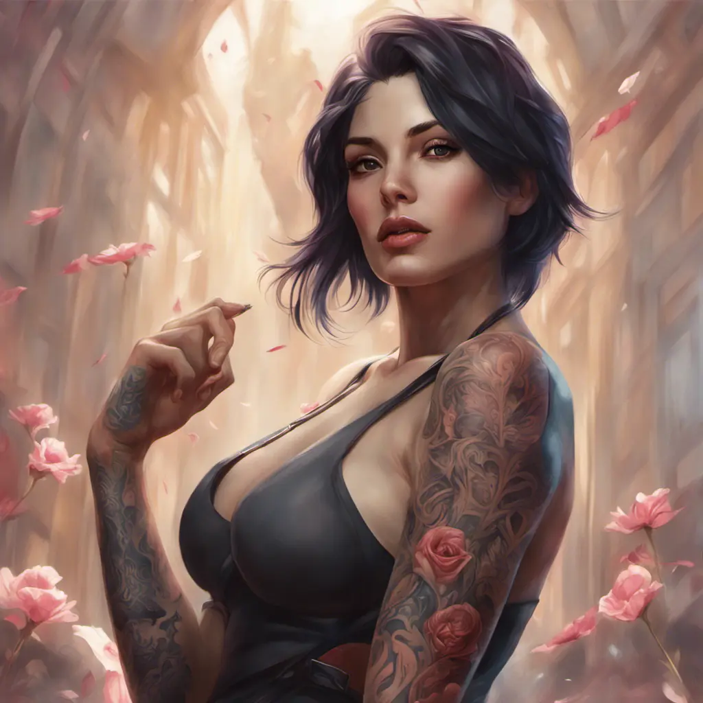 Matte portrait of Fiora with tattoos, 8k, Highly Detailed, Powerful, Alluring, Artstation, Magical, Digital Painting, Photo Realistic, Sharp Focus, Volumetric Lighting, Concept Art by Stanley Artgerm Lau, Alphonse Mucha, Greg Rutkowski