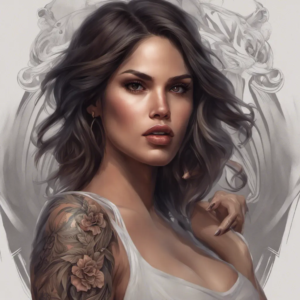 Matte portrait of Eiza González with tattoos, 8k, Highly Detailed, Powerful, Alluring, Artstation, Magical, Digital Painting, Photo Realistic, Sharp Focus, Volumetric Lighting, Concept Art by Stanley Artgerm Lau, Alphonse Mucha, Greg Rutkowski