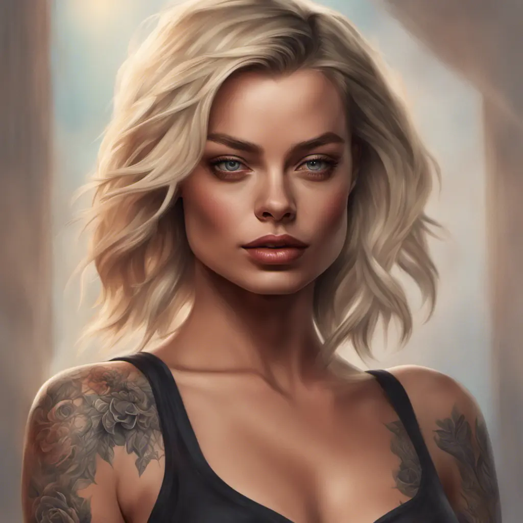 Matte portrait of Margot Robbie with tattoos, 8k, Highly Detailed, Powerful, Alluring, Artstation, Magical, Digital Painting, Photo Realistic, Sharp Focus, Volumetric Lighting, Concept Art by Stanley Artgerm Lau, Alphonse Mucha, Greg Rutkowski