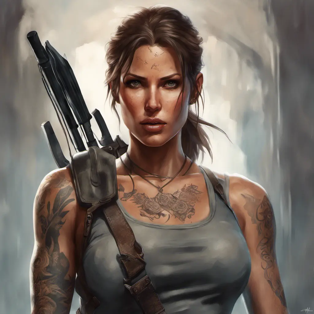 Matte portrait of Lara Croft with tattoos, 8k, Highly Detailed, Powerful, Alluring, Artstation, Magical, Digital Painting, Photo Realistic, Sharp Focus, Volumetric Lighting, Concept Art by Stanley Artgerm Lau, Alphonse Mucha, Greg Rutkowski