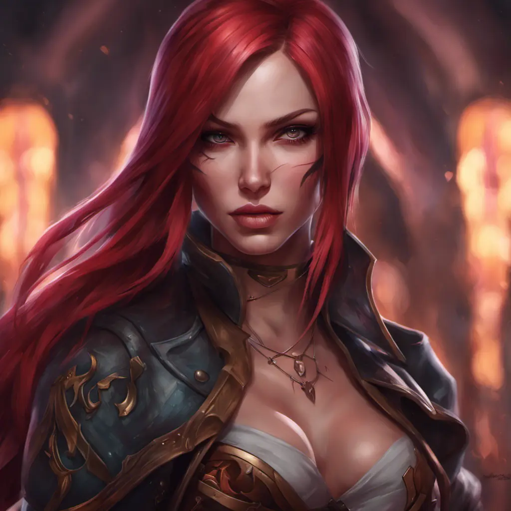 Matte portrait of Katarina from League of Legends with tattoos, 8k, Highly Detailed, Powerful, Alluring, Artstation, Magical, Digital Painting, Photo Realistic, Sharp Focus, Volumetric Lighting, Concept Art by Stanley Artgerm Lau, Alphonse Mucha, Greg Rutkowski