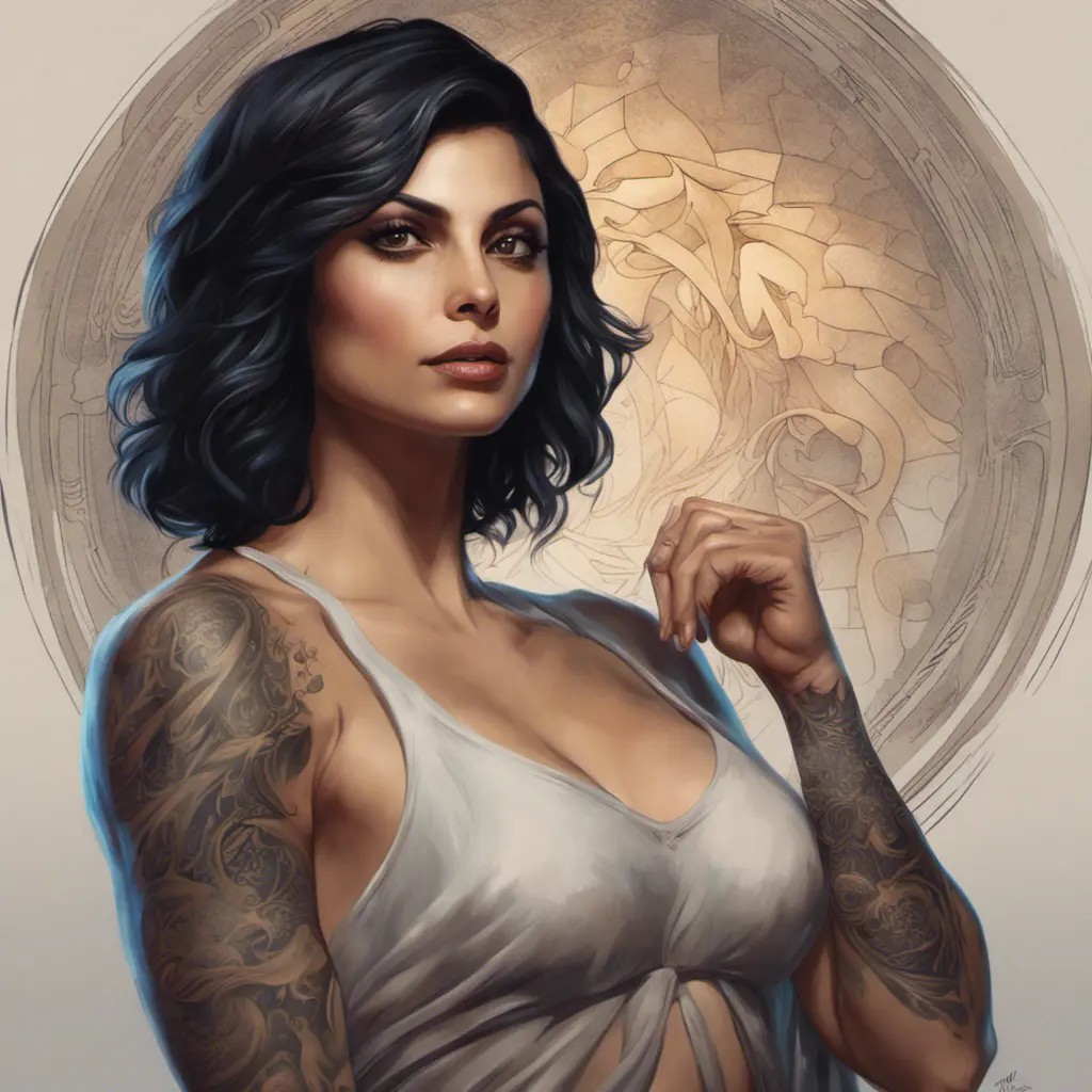 Matte portrait of Morena Baccarin with tattoos, 8k, Highly Detailed, Powerful, Alluring, Artstation, Magical, Digital Painting, Photo Realistic, Sharp Focus, Volumetric Lighting, Concept Art by Stanley Artgerm Lau, Alphonse Mucha, Greg Rutkowski