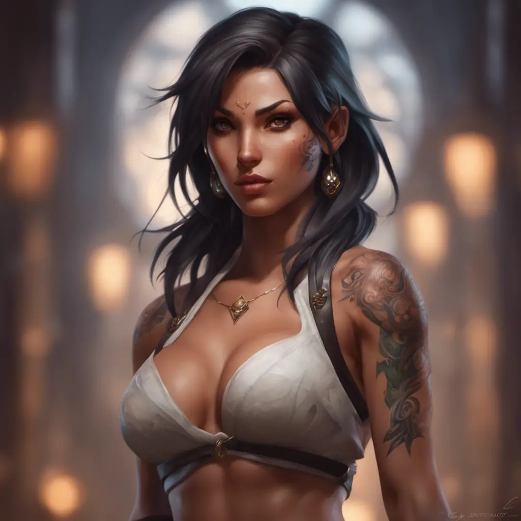 Matte portrait of Nidalee with tattoos, 8k, Highly Detailed, Alluring, Artstation, Bokeh effect, Sharp Focus, Volumetric Lighting, Concept Art by Stanley Artgerm Lau, Greg Rutkowski