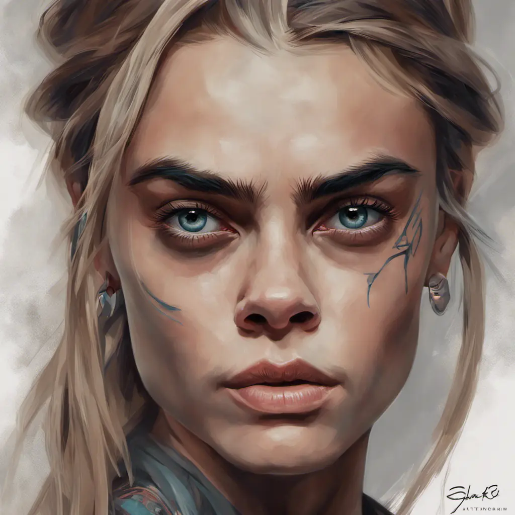 Matte portrait of Cara Delevingne with tattoos, 8k, Highly Detailed, Powerful, Alluring, Artstation, Magical, Digital Painting, Photo Realistic, Sharp Focus, Volumetric Lighting, Concept Art by Stanley Artgerm Lau, Alphonse Mucha, Greg Rutkowski