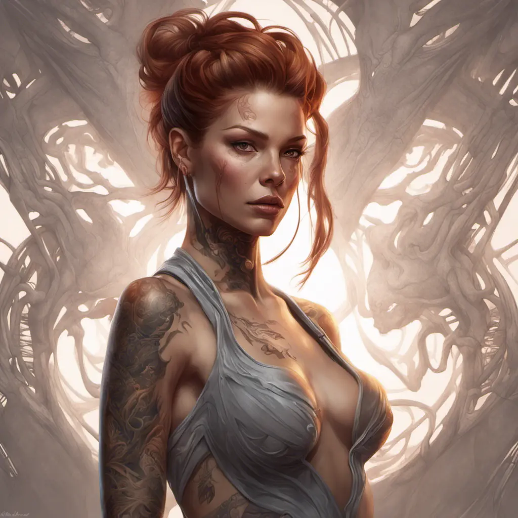 Matte portrait of Sarah Kerrigan with tattoos, 8k, Highly Detailed, Powerful, Alluring, Artstation, Magical, Digital Painting, Photo Realistic, Sharp Focus, Volumetric Lighting, Concept Art by Stanley Artgerm Lau, Alphonse Mucha, Greg Rutkowski