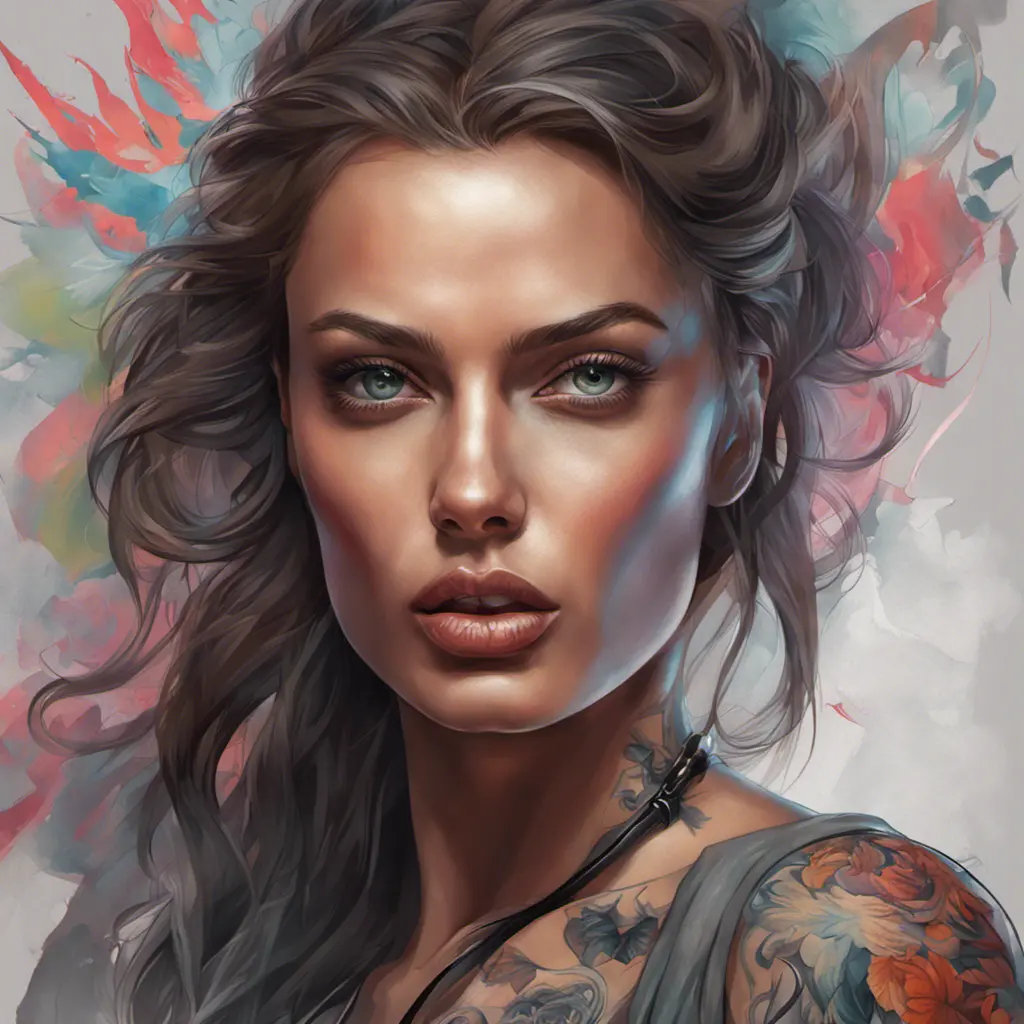 Colorful portrait of a tattooed Irina Shayk with a grey scale face, 4k, Highly Detailed, Hyper Detailed, Powerful, Artstation, Vintage Illustration, Digital Painting, Sharp Focus, Smooth, Concept Art by Stanley Artgerm Lau, Alphonse Mucha, Greg Rutkowski