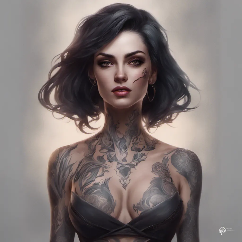 Matte portrait of Morgana with tattoos, 8k, Highly Detailed, Alluring, Artstation, Bokeh effect, Sharp Focus, Volumetric Lighting, Concept Art by Stanley Artgerm Lau, Greg Rutkowski