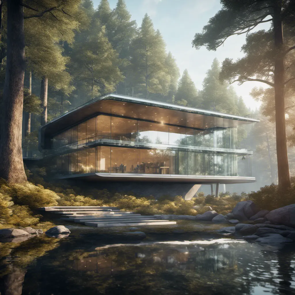 Beautiful futuristic architectural glass house in the forest on a large lake, 8k, Award-Winning, Highly Detailed, Beautiful, Epic, Octane Render, Unreal Engine, Radiant, Volumetric Lighting by Hans Baluschek