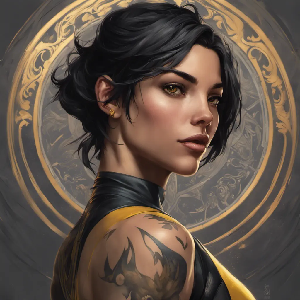 Matte portrait of Cassandra Cain with tattoos, 8k, Highly Detailed, Powerful, Alluring, Artstation, Magical, Digital Painting, Photo Realistic, Sharp Focus, Volumetric Lighting, Concept Art by Stanley Artgerm Lau, Alphonse Mucha, Greg Rutkowski