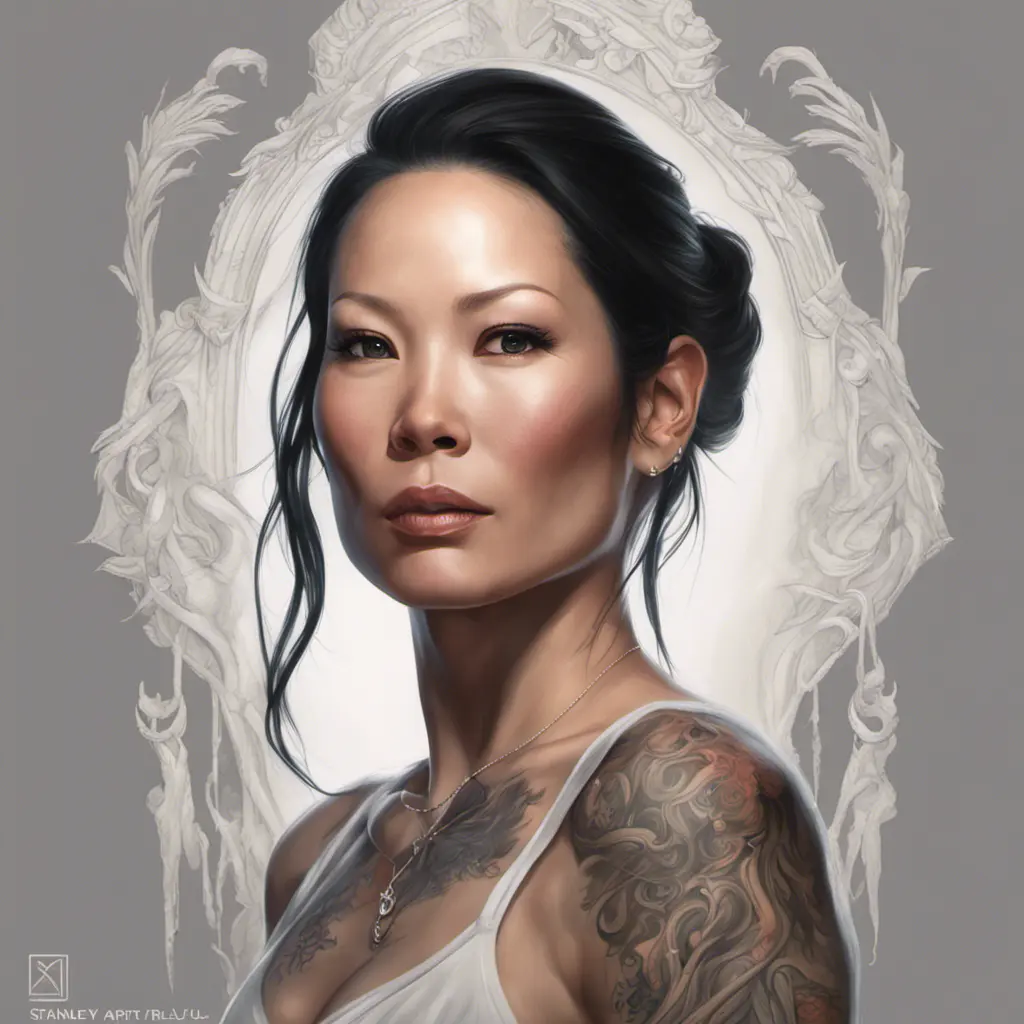 Matte portrait of Lucy Liu with tattoos, 8k, Highly Detailed, Powerful, Alluring, Artstation, Magical, Digital Painting, Photo Realistic, Sharp Focus, Volumetric Lighting, Concept Art by Stanley Artgerm Lau, Alphonse Mucha, Greg Rutkowski