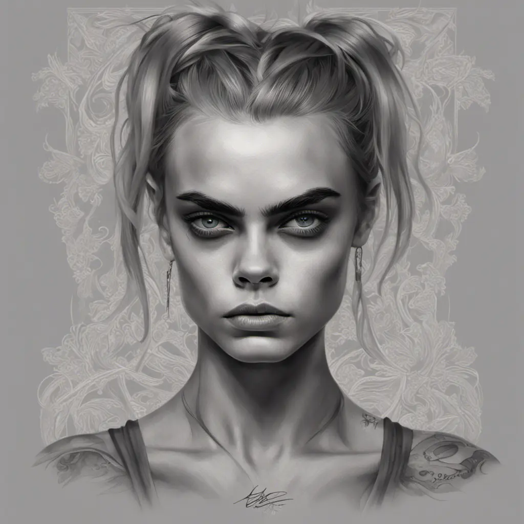 Matte portrait of Cara Delevingne with tattoos, 8k, Highly Detailed, Powerful, Alluring, Artstation, Magical, Digital Painting, Photo Realistic, Sharp Focus, Volumetric Lighting, Concept Art by Stanley Artgerm Lau, Alphonse Mucha, Greg Rutkowski