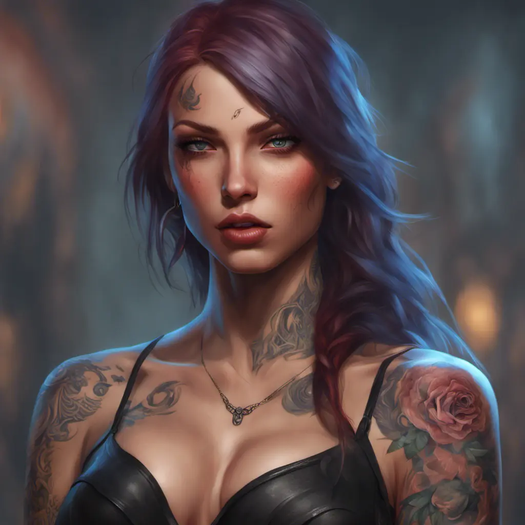 Matte portrait of Katarina with tattoos, 8k, Highly Detailed, Powerful, Alluring, Artstation, Magical, Digital Painting, Photo Realistic, Sharp Focus, Volumetric Lighting, Concept Art by Stanley Artgerm Lau, Alphonse Mucha, Greg Rutkowski