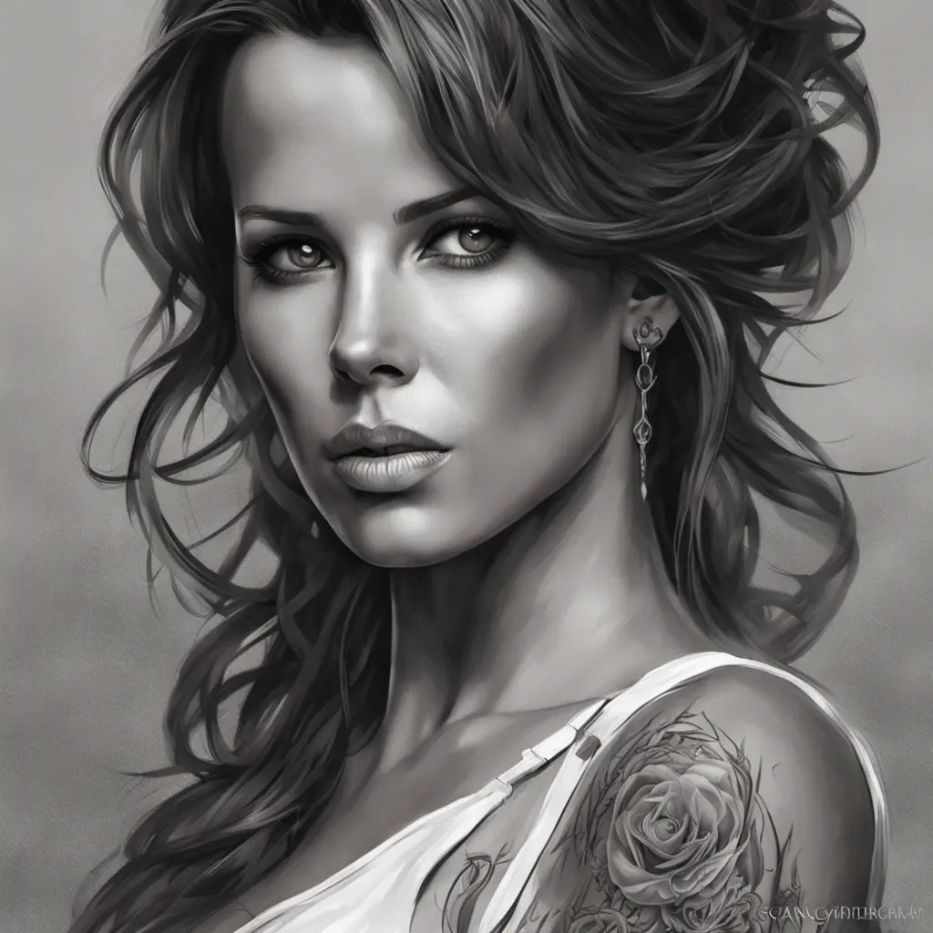 Matte portrait of Kate Beckinsale with tattoos, 8k, Highly Detailed, Powerful, Alluring, Artstation, Magical, Digital Painting, Photo Realistic, Sharp Focus, Volumetric Lighting, Concept Art by Stanley Artgerm Lau, Alphonse Mucha, Greg Rutkowski