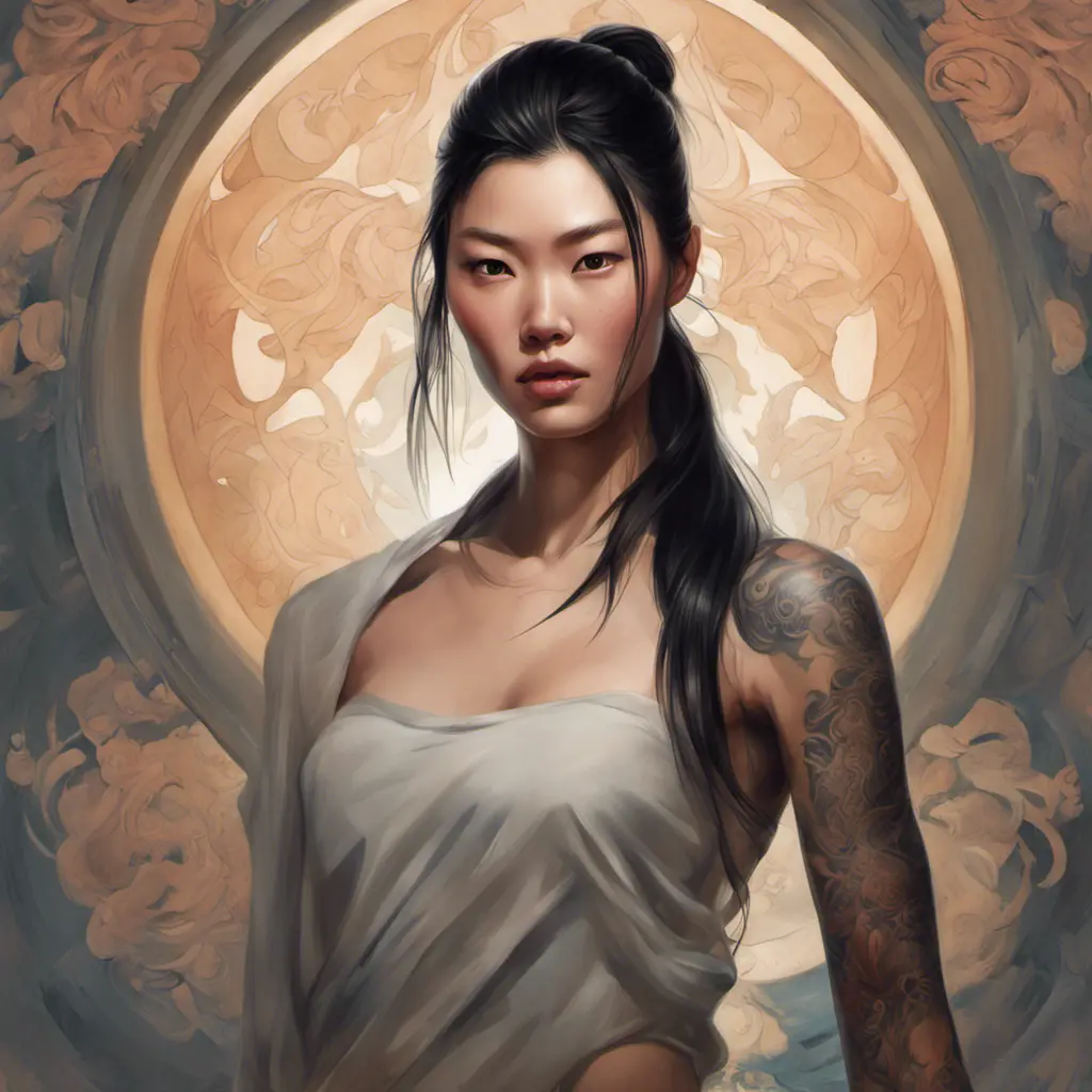 Matte portrait of Liu Wen with tattoos, 8k, Highly Detailed, Powerful, Alluring, Artstation, Magical, Digital Painting, Photo Realistic, Sharp Focus, Volumetric Lighting, Concept Art by Stanley Artgerm Lau, Alphonse Mucha, Greg Rutkowski