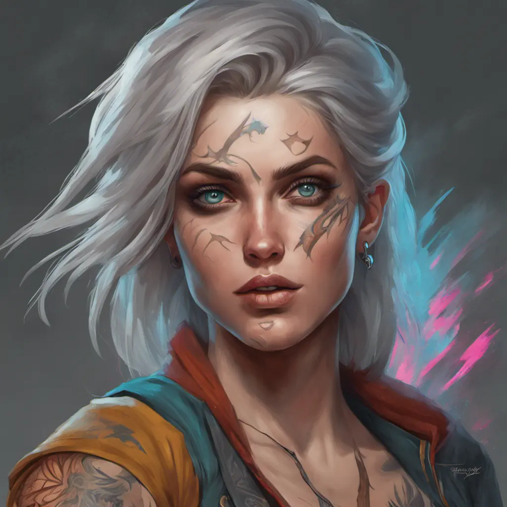 Colorful portrait of a tattooed Ciri with a grey scale face, 4k, Highly Detailed, Hyper Detailed, Powerful, Artstation, Vintage Illustration, Digital Painting, Sharp Focus, Smooth, Concept Art by Stanley Artgerm Lau, Greg Rutkowski