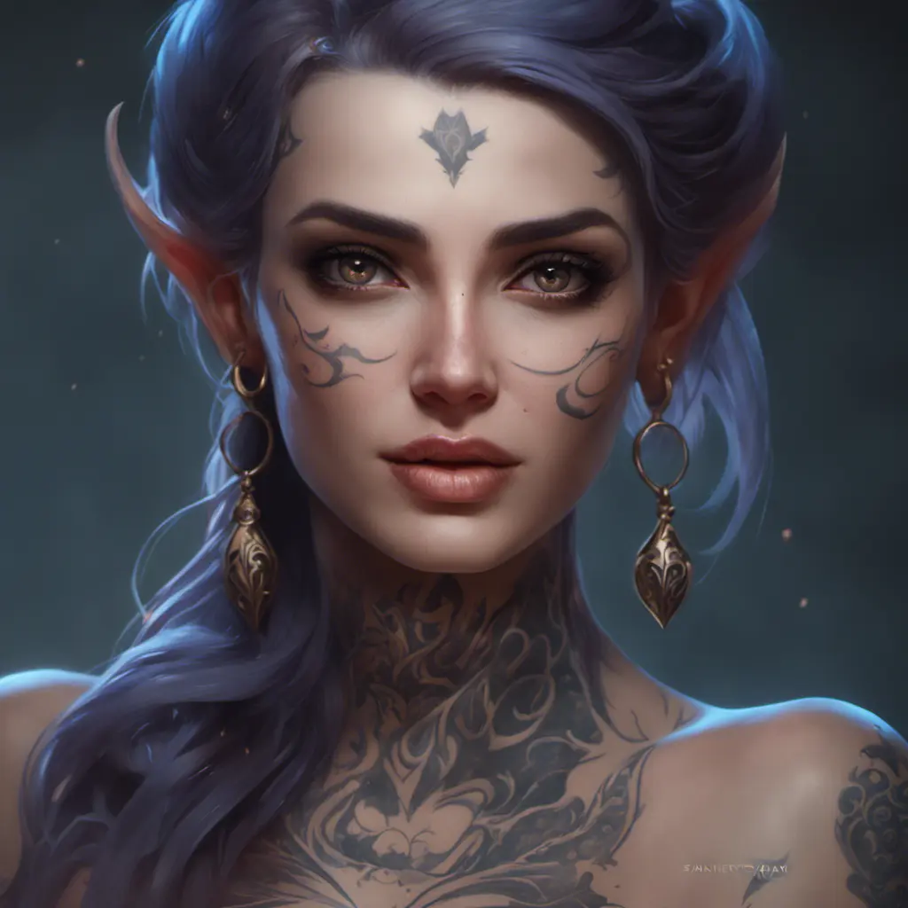 Matte portrait of Morgana with tattoos, 8k, Highly Detailed, Alluring, Artstation, Bokeh effect, Sharp Focus, Volumetric Lighting, Concept Art by Stanley Artgerm Lau, Greg Rutkowski