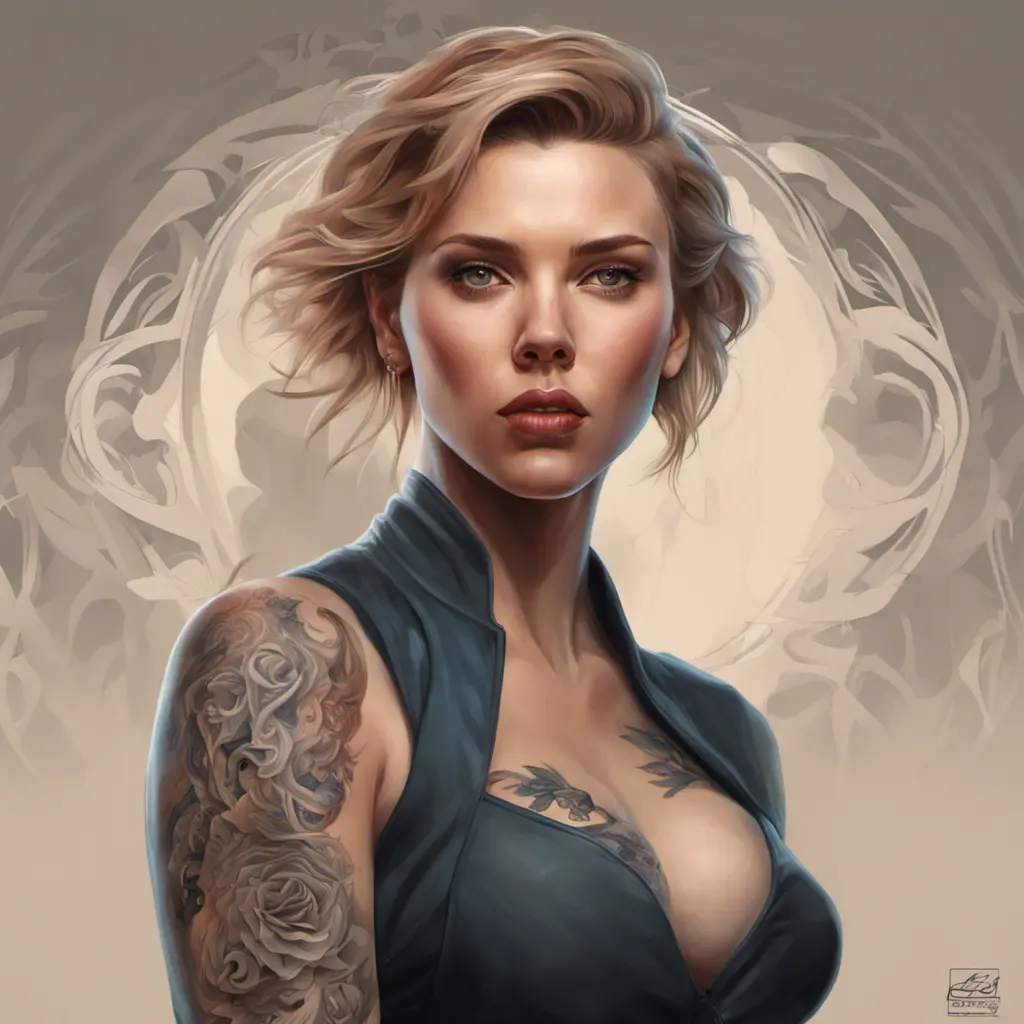 Matte portrait of Scarlett Johansson with tattoos, 8k, Highly Detailed, Powerful, Alluring, Artstation, Magical, Digital Painting, Photo Realistic, Sharp Focus, Volumetric Lighting, Concept Art by Stanley Artgerm Lau, Alphonse Mucha, Greg Rutkowski