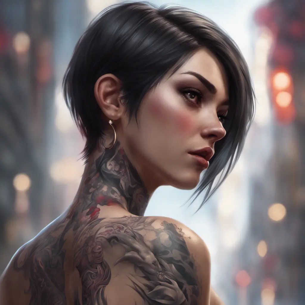 Matte portrait of Fiora with tattoos, 8k, Highly Detailed, Alluring, Artstation, Bokeh effect, Sharp Focus, Volumetric Lighting, Concept Art by Stanley Artgerm Lau, Greg Rutkowski