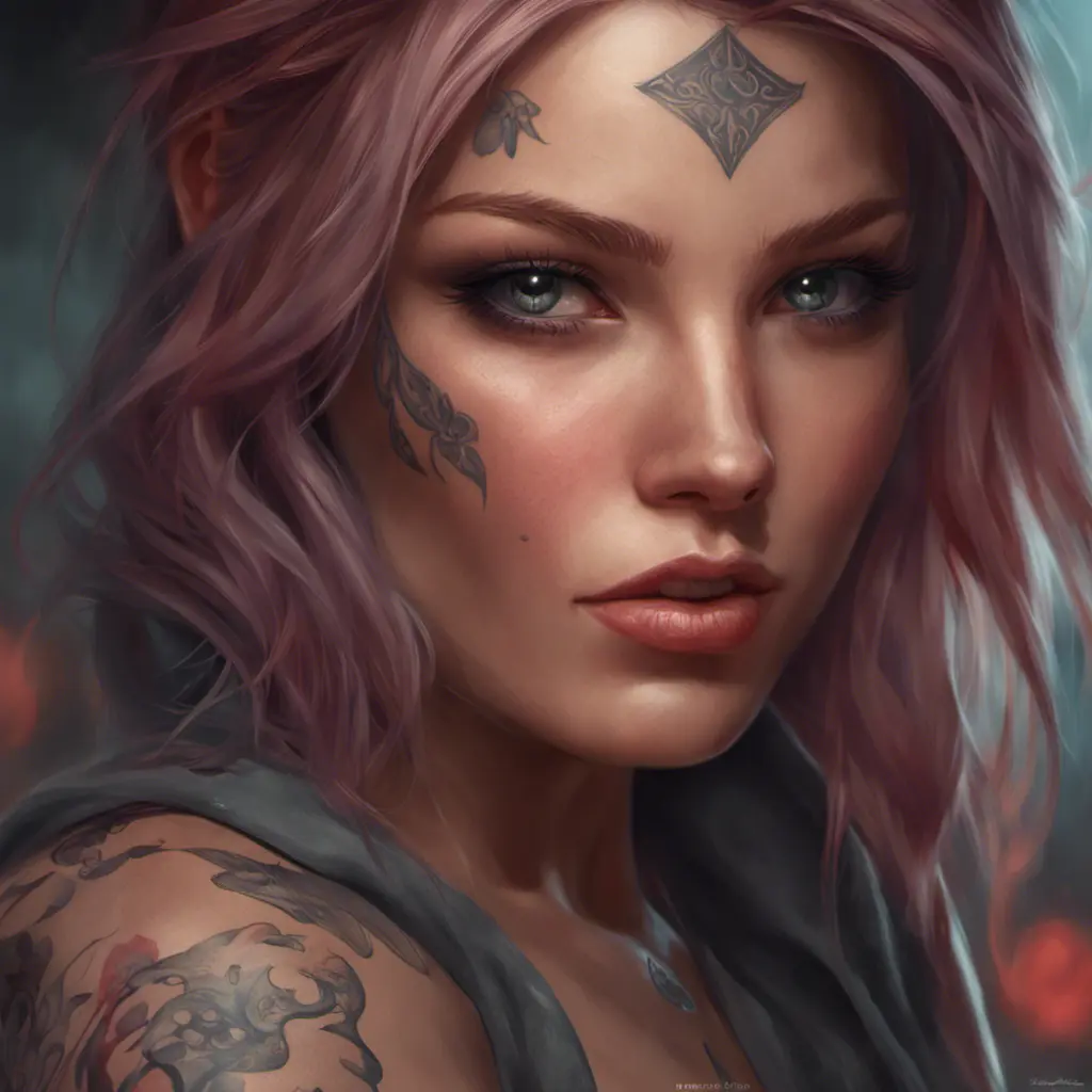 Matte portrait of Katarina with tattoos, 8k, Highly Detailed, Powerful, Alluring, Artstation, Magical, Digital Painting, Photo Realistic, Sharp Focus, Volumetric Lighting, Concept Art by Stanley Artgerm Lau, Alphonse Mucha, Greg Rutkowski