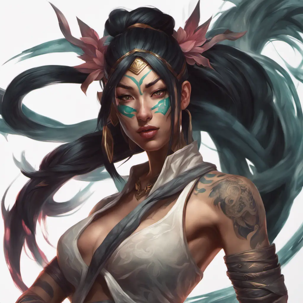 Matte portrait of Akali with tattoos, 8k, Highly Detailed, Powerful, Alluring, Artstation, Magical, Digital Painting, Photo Realistic, Sharp Focus, Volumetric Lighting, Concept Art by Stanley Artgerm Lau, Alphonse Mucha, Greg Rutkowski