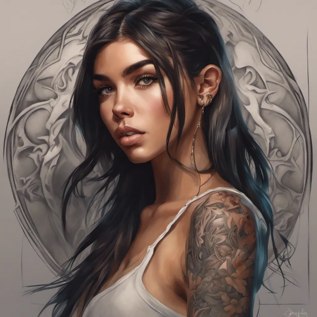 Matte portrait of Madison Beer with tattoos, 8k, Highly Detailed, Powerful, Alluring, Artstation, Magical, Digital Painting, Photo Realistic, Sharp Focus, Volumetric Lighting, Concept Art by Stanley Artgerm Lau, Alphonse Mucha, Greg Rutkowski