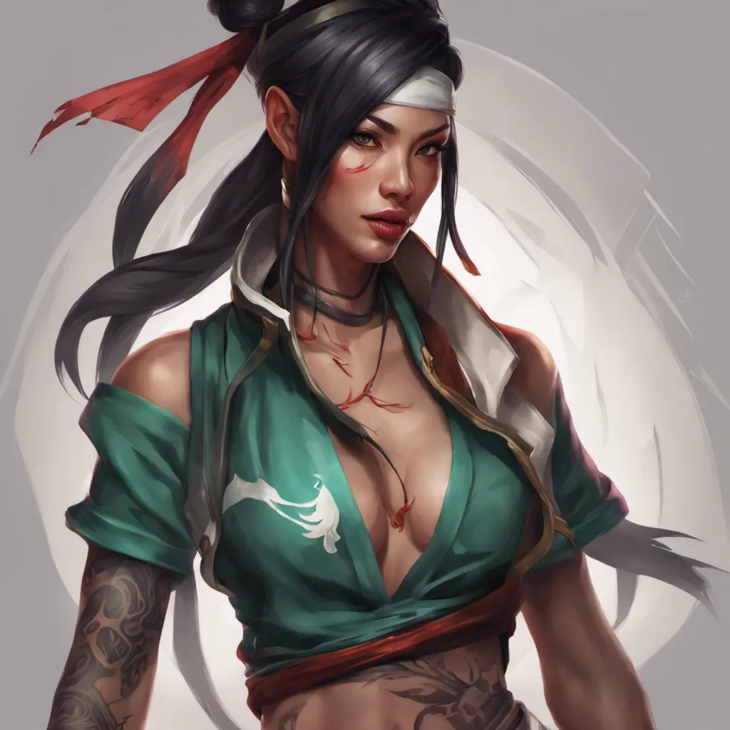 Matte portrait of Akali from League of Legends with tattoos, 8k, Highly Detailed, Powerful, Alluring, Artstation, Magical, Digital Painting, Photo Realistic, Sharp Focus, Volumetric Lighting, Concept Art by Stanley Artgerm Lau, Alphonse Mucha, Greg Rutkowski