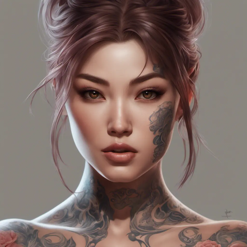 Matte portrait of Kasumi with tattoos, 8k, Highly Detailed, Powerful, Alluring, Artstation, Magical, Digital Painting, Photo Realistic, Sharp Focus, Volumetric Lighting, Concept Art by Stanley Artgerm Lau, Alphonse Mucha, Greg Rutkowski