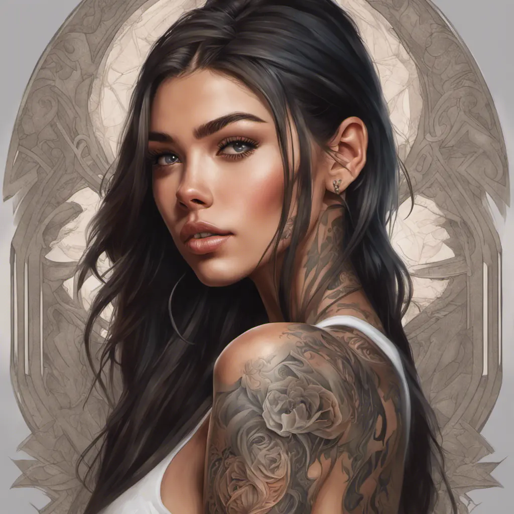 Matte portrait of Madison Beer with tattoos, 8k, Highly Detailed, Powerful, Alluring, Artstation, Magical, Digital Painting, Photo Realistic, Sharp Focus, Volumetric Lighting, Concept Art by Stanley Artgerm Lau, Alphonse Mucha, Greg Rutkowski