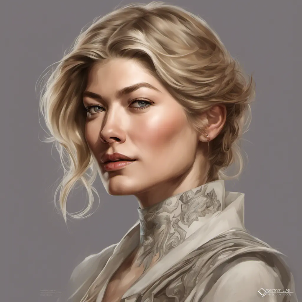 Matte portrait of Rosamund Pike with tattoos, 8k, Highly Detailed, Powerful, Alluring, Artstation, Magical, Digital Painting, Photo Realistic, Sharp Focus, Volumetric Lighting, Concept Art by Stanley Artgerm Lau, Alphonse Mucha, Greg Rutkowski