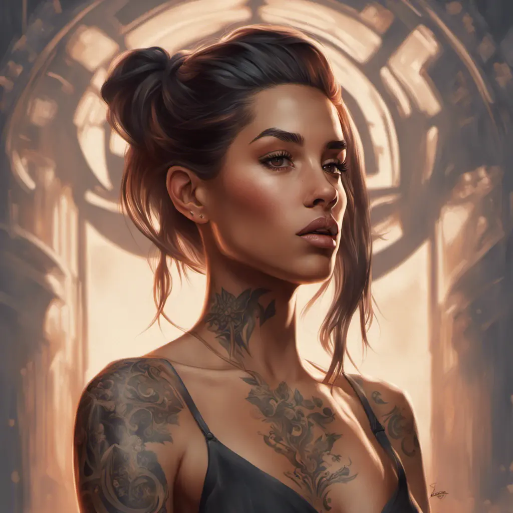 Matte portrait of Zoe Saldaña with tattoos, 8k, Highly Detailed, Powerful, Alluring, Artstation, Magical, Digital Painting, Photo Realistic, Sharp Focus, Volumetric Lighting, Concept Art by Stanley Artgerm Lau, Alphonse Mucha, Greg Rutkowski