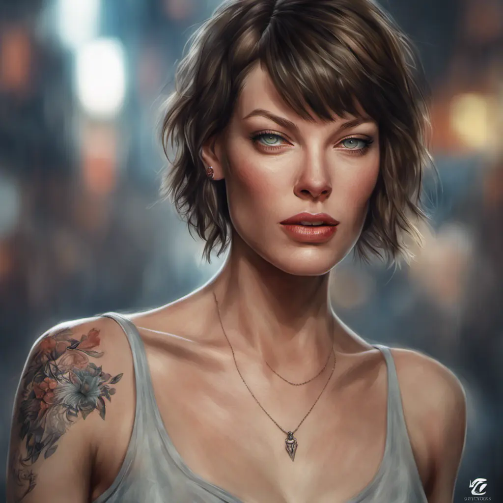 Matte portrait of Milla Jovovich with tattoos, 8k, Highly Detailed, Alluring, Artstation, Bokeh effect, Sharp Focus, Volumetric Lighting, Concept Art by Stanley Artgerm Lau, Greg Rutkowski