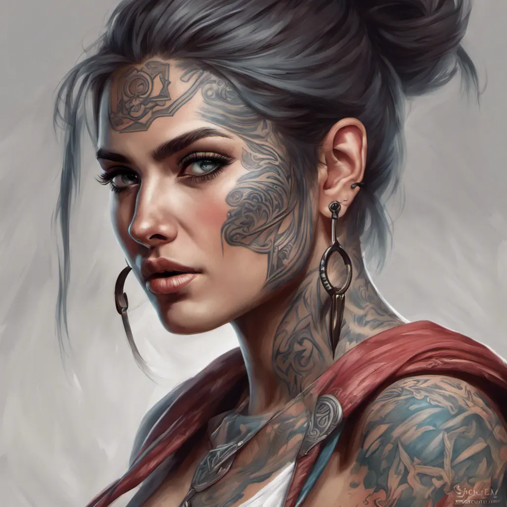 Colorful portrait of a tattooed Kassandra with a grey scale face, 4k, Highly Detailed, Hyper Detailed, Powerful, Artstation, Vintage Illustration, Digital Painting, Sharp Focus, Smooth, Concept Art by Stanley Artgerm Lau, Greg Rutkowski