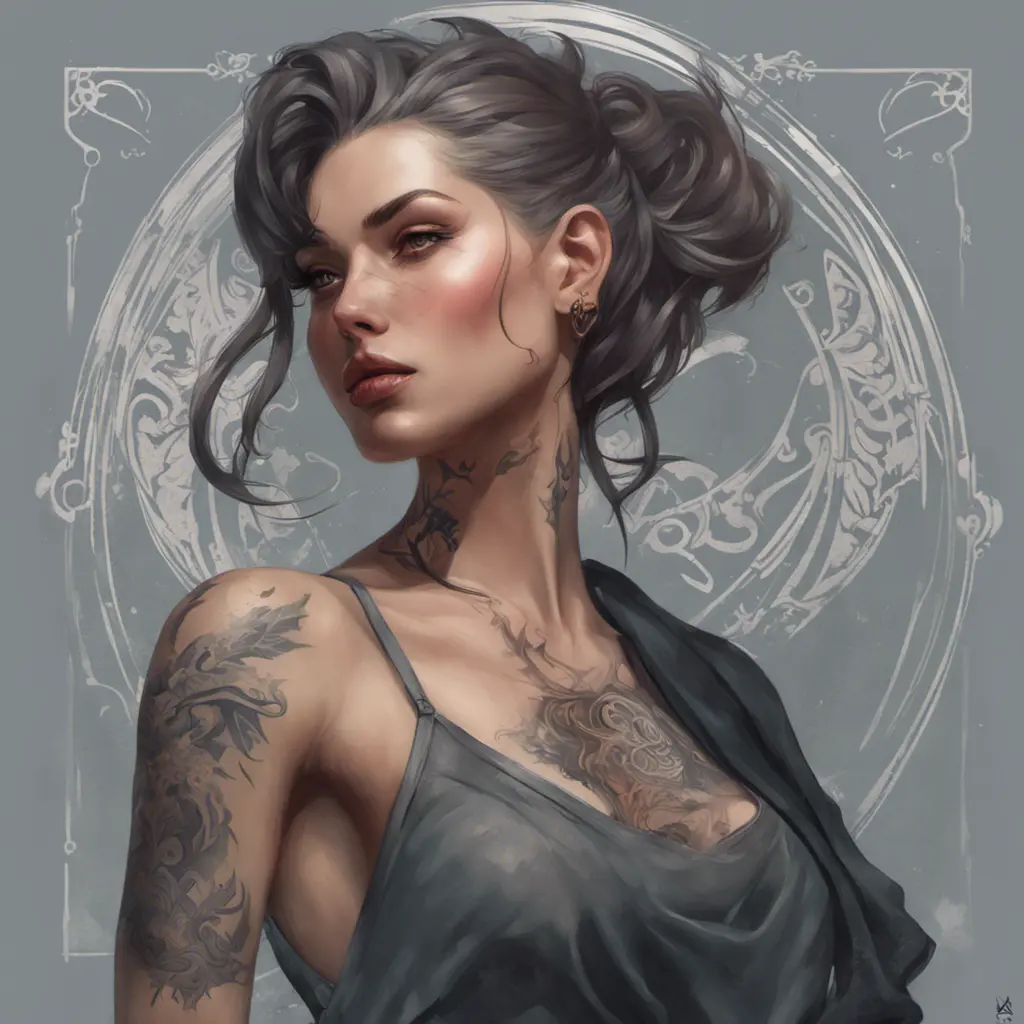 Matte portrait of Vex with tattoos, 8k, Highly Detailed, Powerful, Alluring, Artstation, Magical, Digital Painting, Photo Realistic, Sharp Focus, Volumetric Lighting, Concept Art by Stanley Artgerm Lau, Alphonse Mucha, Greg Rutkowski